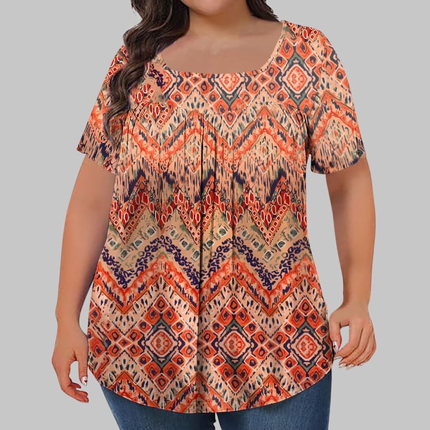 Puntoco Liquidación de blusas cortas para mujer Blusa holgada de manga corta plisada con cuello grande y estampado para mujer L-5xl