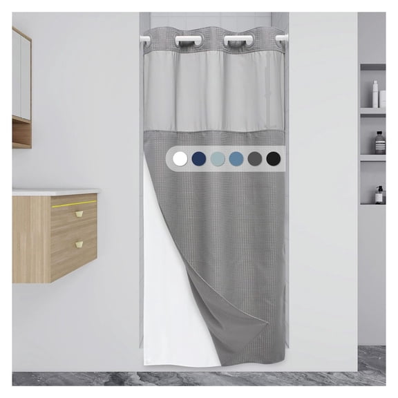 Stall No Hook Shower Curtain with Snap in Liner, 230GSM Waffle Weave Fabric, 36W x 74H, Grey - Easy to Install for Bathroom Use