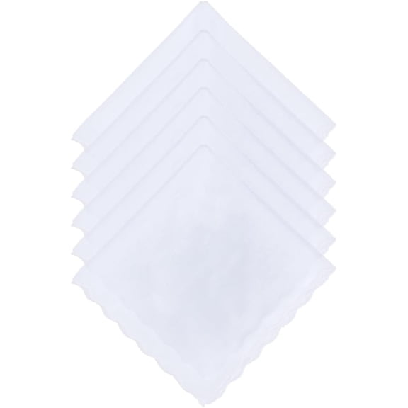 6Pcs White Cotton Hankies Pocket Square Handkerchief 11.8 Inch Scalloped Edge Eave Fabric Elegant Embroidery Pure Color Bride