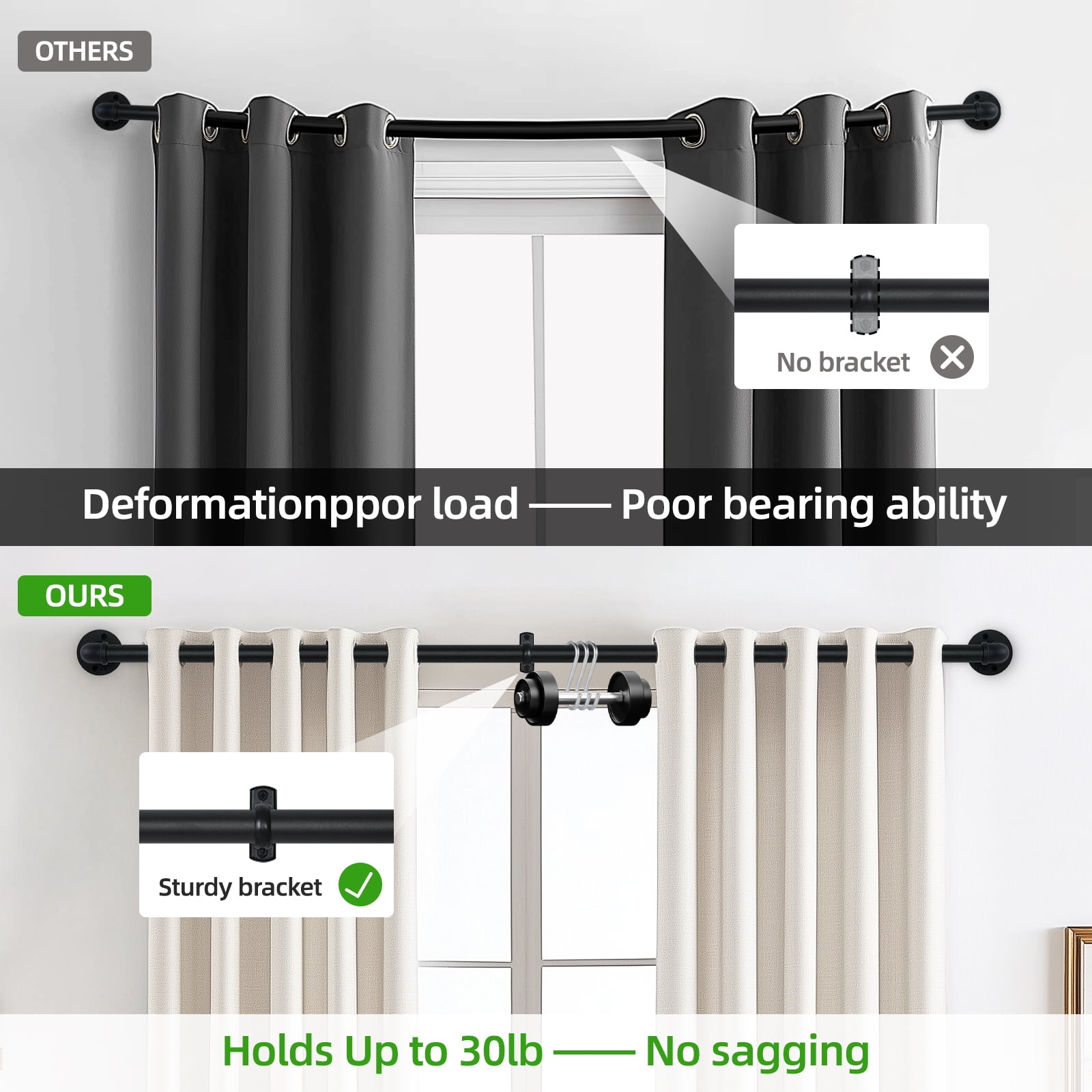 16" to 28"Curtain Rods for Windows, 1 inch Industrial Curtain Rod, Adjustable Wrap Around Black Curtain Rods, Black Industrial Indoor/Outdoor Curtain Rod