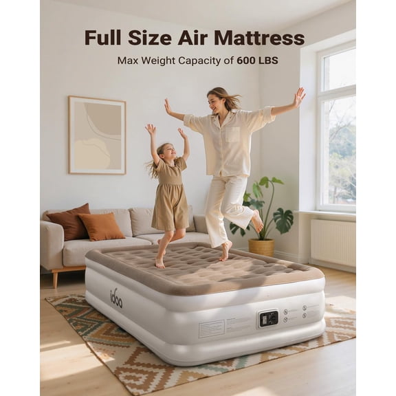 Full Size Mattress with Built-in Pump, Inflatable Blow Mattress for Home Guests Camping, Upgraded Wave Beam Support, Flocked Top Fast Inflation Portable Bed Brown