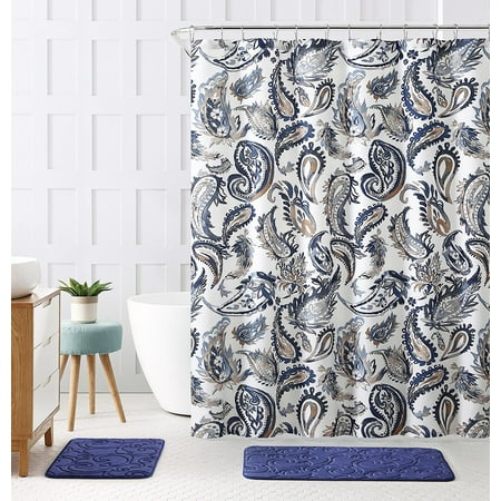 Decorative Navy Blue Gold Fabric Shower Curtain Watercolor Floral
