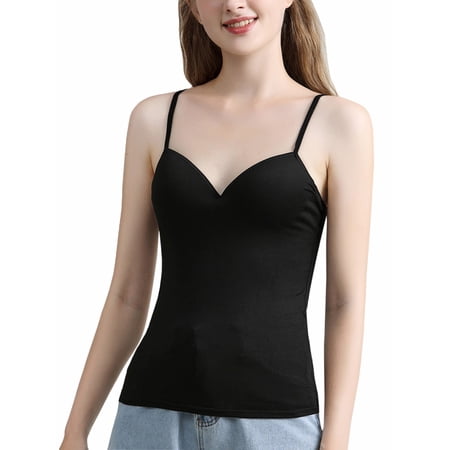 Bebiullo Women V-Neck Padded Bra Camisole Strappy Plain Vest Bralette Cami Top Black M