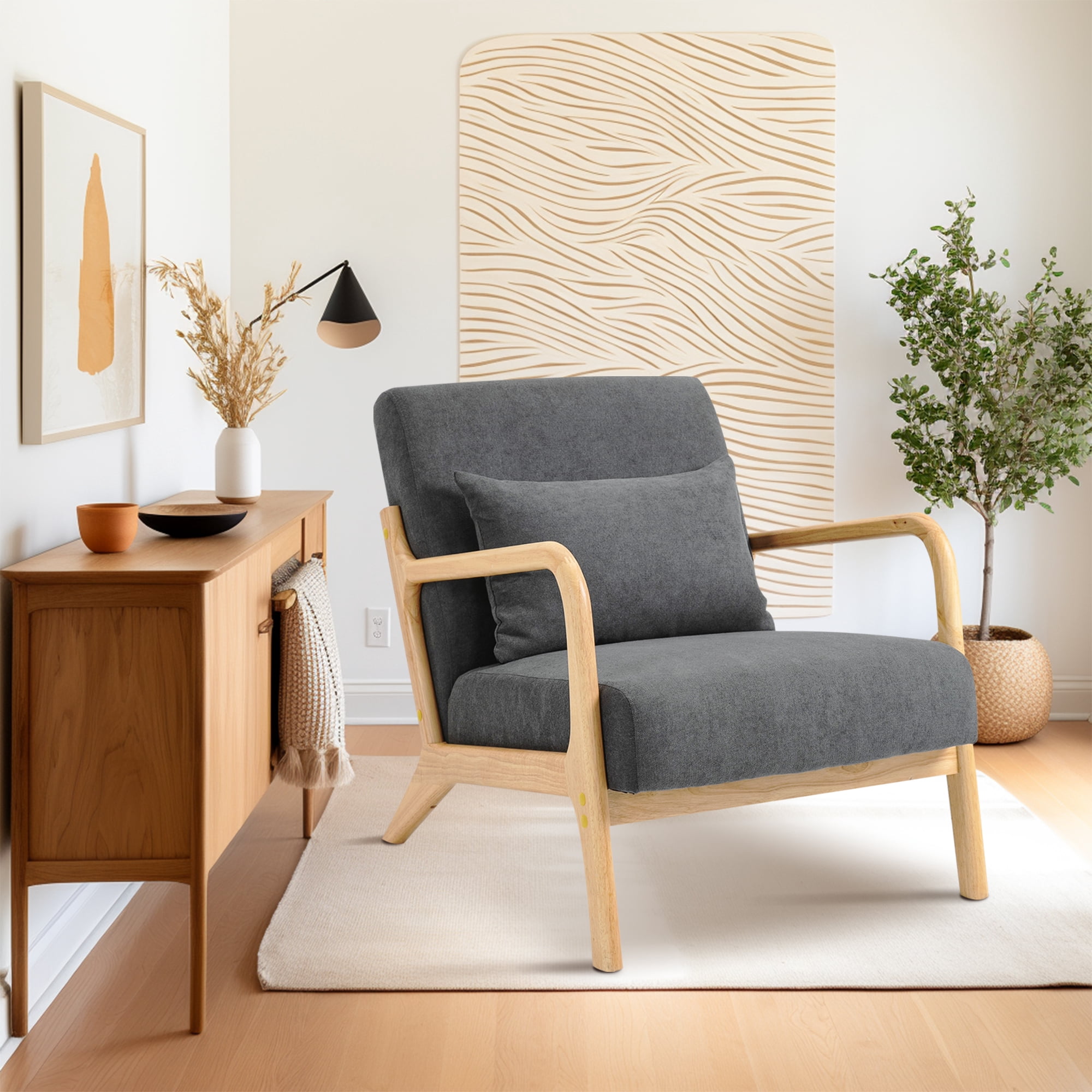 Miniyam Mid Century Modern Accent Chair with Wood Frame, Upholstered Living Room Chairs with Waist Cushion, Reading Armchair,Gray
