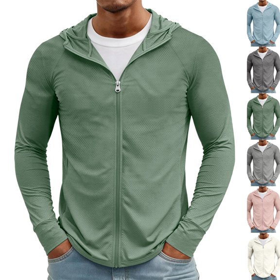 Mens Light Jackets Sun Protection Lightweight Full Zip Hoodie Jacket Mesh Cooling Long Sleeve Fishing Hiking Shirt,XL,Green