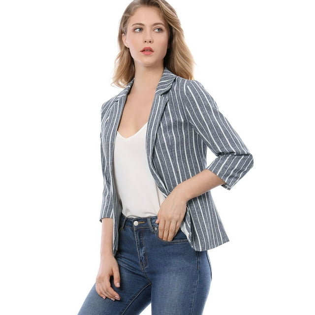 INSPIRE CHIC Blazer De Solapa Con Muescas Y Mangas 3/4 A Rayas Para Mujer Azul XS