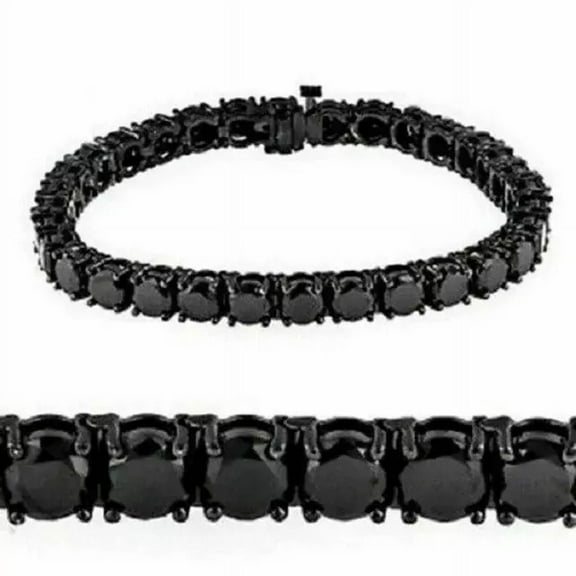 Jewelry Hub 10Ct Round Cut Simulated Black Diamond Men's Bracelet, Sterling Silver