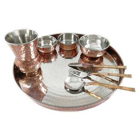 

Classic Indian Traditional 8 Piece Copper Tableware Dinner Set Collection Thali Bowls Utensils Health