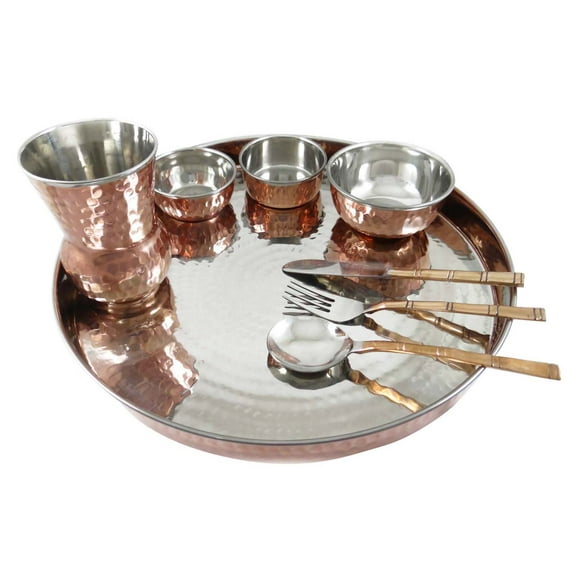 Classic Indian Traditional 8 Piece Copper Tableware Dinner Set Collection Thali Bowls Utensils Health