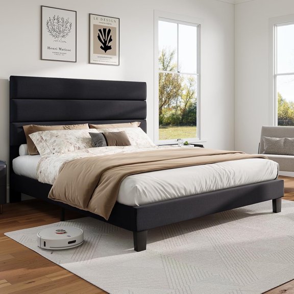 Merluxy Full Size Bed Frame with Linen Upholstered Headboard, Modern Platform Bed with Wooden Slats Support, Black