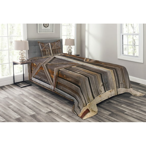 Ambesonne Rustic Quilted Bedspread Set 2 Pcs, Old Wooden Warehouse, Twin Size, Brown