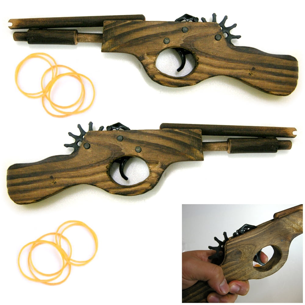 2 SOLID WOOD ELASTIC SHOOTING 21 in MACHINE GUN rubber band shooter toy RIFLE 