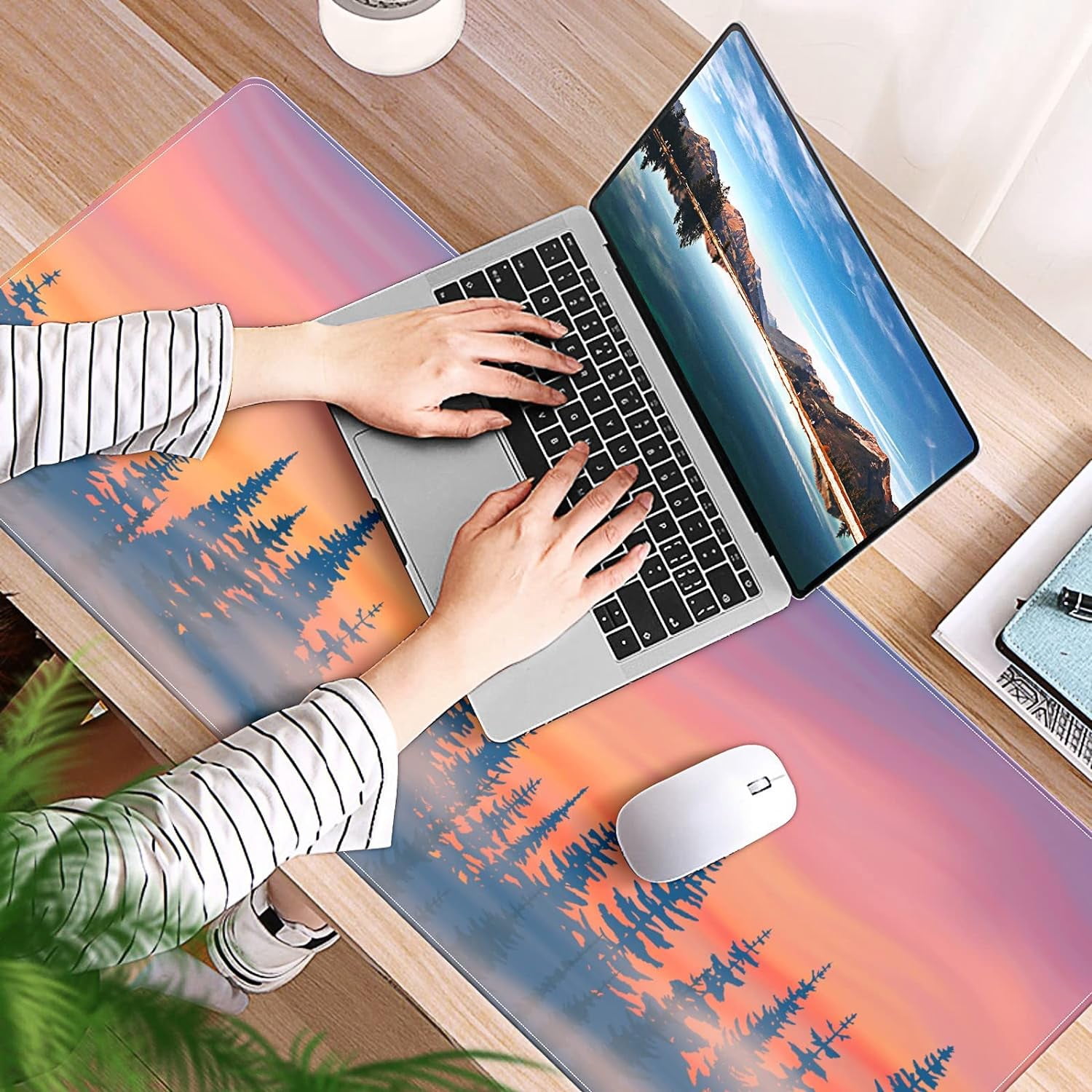 Gradient Forest Sunset Desk Mat, Desk Accessory, Cute Workspace, Trendy Workspace, Trendy, 35.4x15.7in Large Gaming Mouse Pad, Cute Desk Topper, Pretty Desk Pad