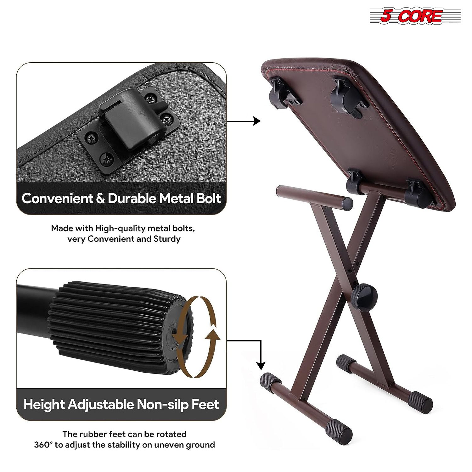 Keyboard Bench Pair X Style Piano Stool Thick Padded 12 to 18.5 inch Adjustable Keyboards Chair Brown