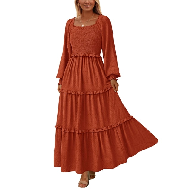 Vestido PRETTYGARDEN Maxi Rojo Ladrillo con Escote Cuadrado y Fruncido Talla M