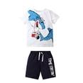thumbnail image 2 of Summer Outfits for Boys Shark Print Sporty Comfortable Short Sleeve Tee and Shorts Two Piece Playwear Casual Clothing Set White Size 3-4 Y, 2 of 5
