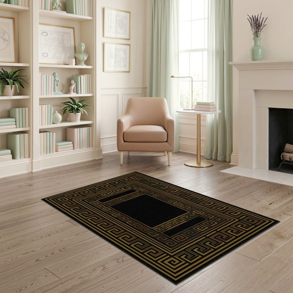 ODIKA Geometric Key Fret Bordered Symmetry Meander Border Scroll Greek Flowing Dynamic Stain Resistant Low Profile for Dorm Room, Small Living Apartment