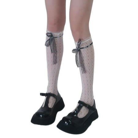 

Women Lolita Hollow Out Waffle Holes Patterned Knee High Socks with Sweet Ribbon Bowknot Ruffled Lace Trim Mesh Stocking