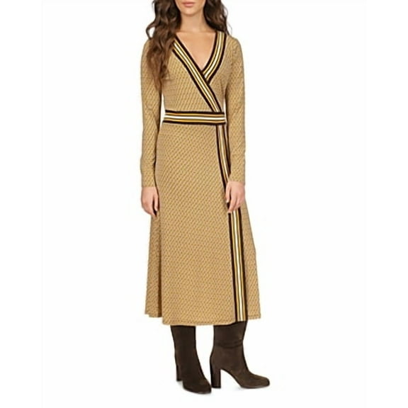 Michael Kors Womens Border Print Faux Wrap Dress, Marigold, Large
