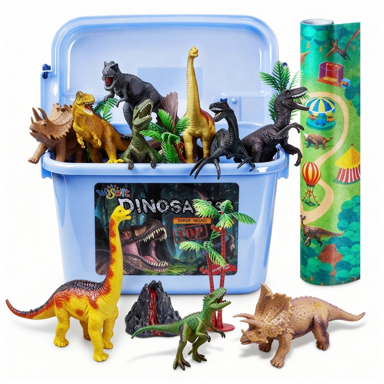 Wisairt 53 PCS Dinosaur Figures Set with Play Mat, Rocks and Trees