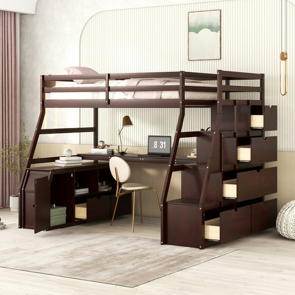 Harper & Bright Designs Twin Loft Bed with Stairs and Desk, Wooden Staircase Loft Bed with Drawer Steps and Shelves for Boys Girls, Espresso
