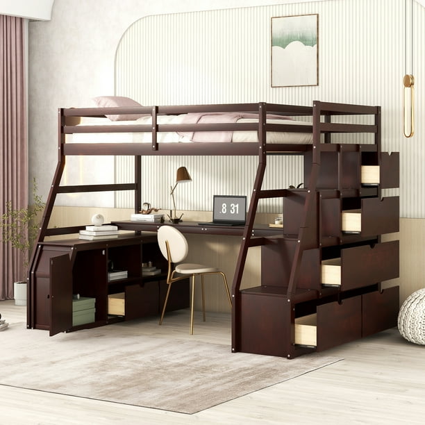 Wood Twin Size Loft Bed with Desk and Stairs for Kids Teens, Stairway