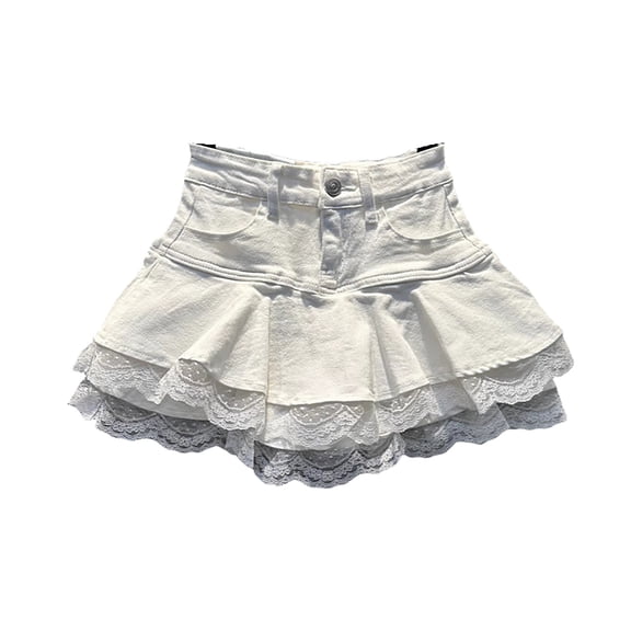 BUIGTTKLOP High Waist Denim Mini Skirt for Women Layered A-Line Skater Skirt with Lace Trim Casual Streetwear