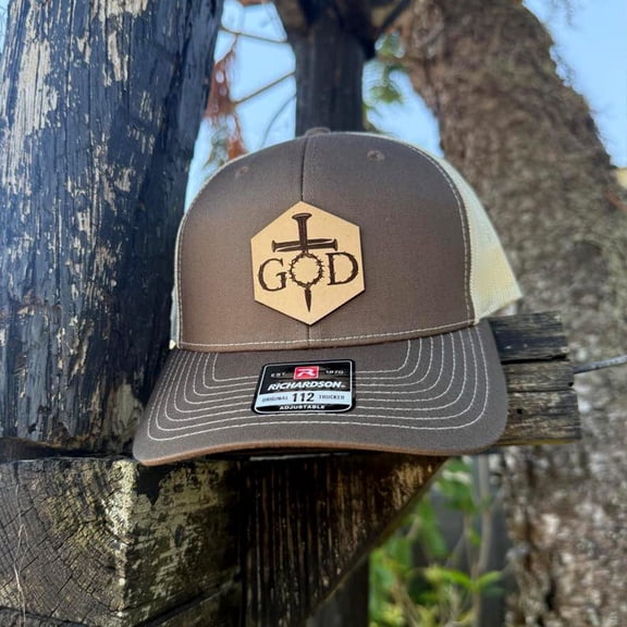 God Crown of Thorns Hat – Richardson 112 Trucker Cap – Leather Patch Christian Cross Design