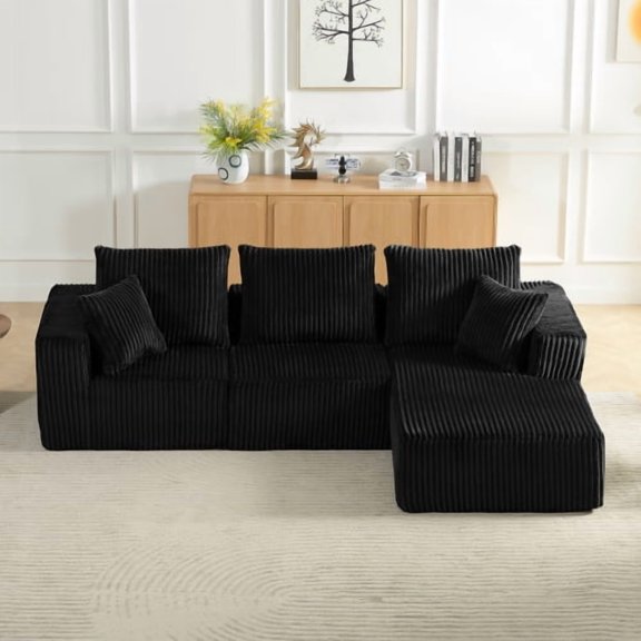 Generic Modular Sectional Sofa with Deep Seat, 4-Seater Cloud Couch in Modern Corduroy Fabric, No Assembly Required for Living Room & Lounge Spaces, Black