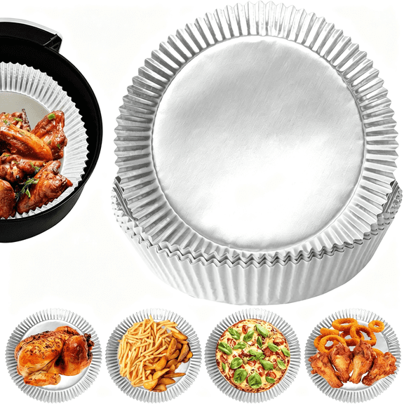 CCOCC 100Pcs Aluminum Foil Air Fryer Liners,Air Fryer Disposable Paper Liner | 6.3“ Oil-Proof Water-Proof Sheets,Non-Stick Food Grade Aluminum Foil for Baking,Frying,Grilling,Roasting Microwave