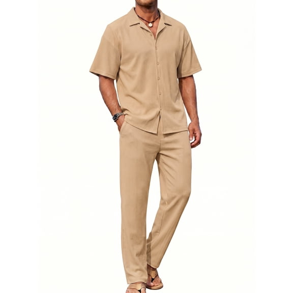 RICHCOIN Men 2 Piece Outfit Set Khaki Summer Beach Vacation Suit Short Sleeve Button Shirt & Loose Pant Size XL