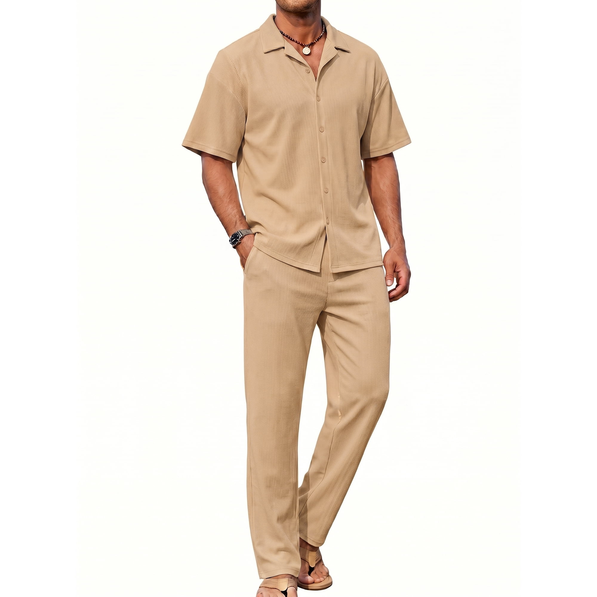 RICHCOIN Men 2 Piece Outfit Set Khaki Summer Beach Vacation Suit Short Sleeve Button Shirt & Loose Pant Size XL