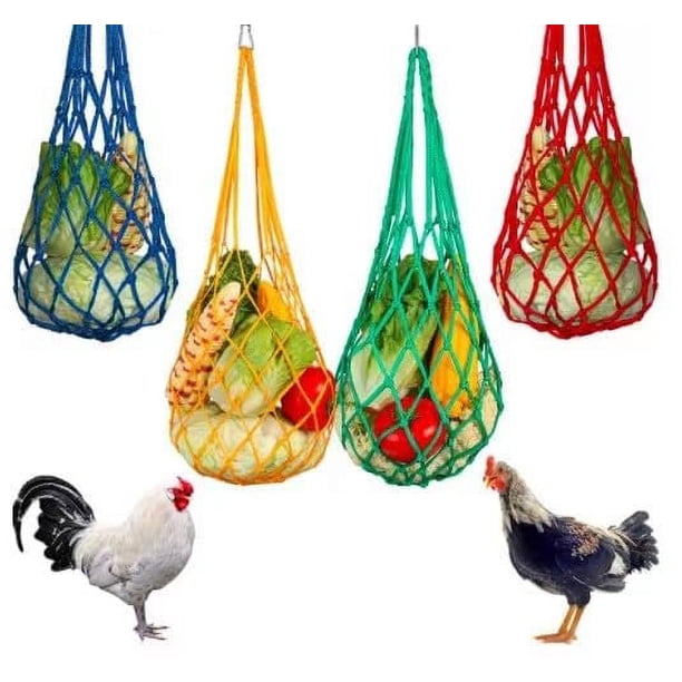 Bolsa de hilo para verduras y pollo, soporte para frutas y aves de corral, comedero colgante para verduras y pollos para mascotas, herramienta de alimentación con gancho para gallinas y pato