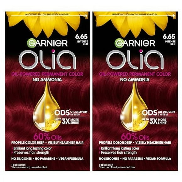 Garnier Olia Hair Color, Oil Powered Ammonia Free Permanent Hair Dye for Long-Lasting Color, 6.65 Intense Red, 2 Dye Kits