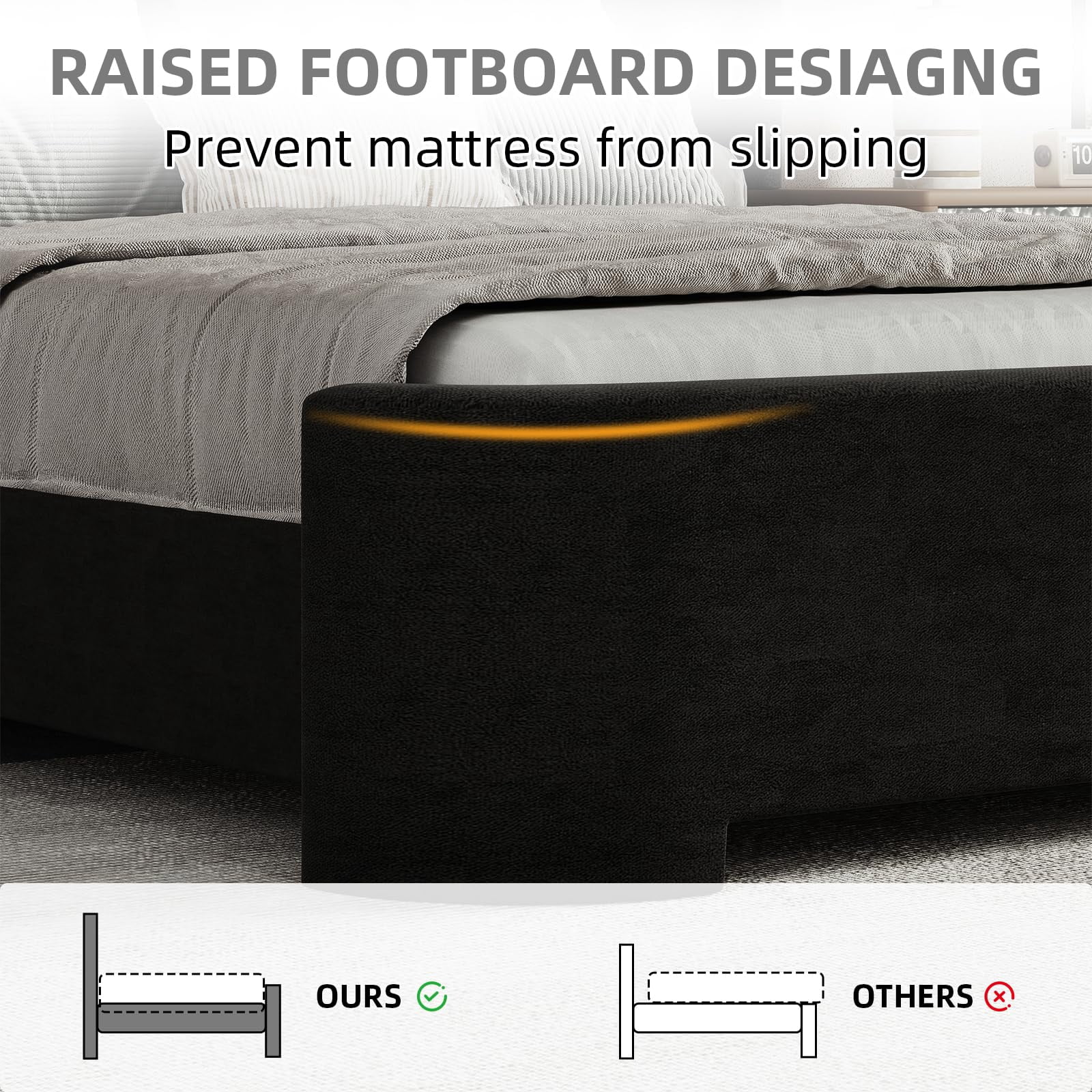 4 Ever Winner Full Size Velvet Bed Frame, Curved Upholstered Platform Bed with Curved Headboard & Footboard, No Box Spring Needed, Noise-Free Modern Bed Frame for Bedroom, Black