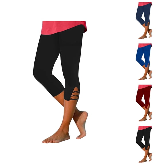 Capri Leggings for Women Summer Casual Elastic High Waisted Hollow out Hem Workout Yoga Cropped Capris Pants