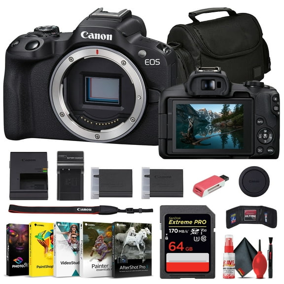 Canon EOS R50 Mirrorless Camera (Black) (5811C002)   64GB Memory Card   Corel Photo Software   Bag   LPE17 Battery   Card Reader   Flex Tripod   Memory Wallet   Cleaning Kit (International Version)