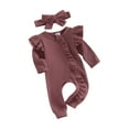 thumbnail image 2 of Musuos Newborn Girl Autumn Jumpsuit 3 6 12M Solid Color Round Neck Flying Sleeve Ruffled Zipper Romper with Bow Headband, 2 of 10