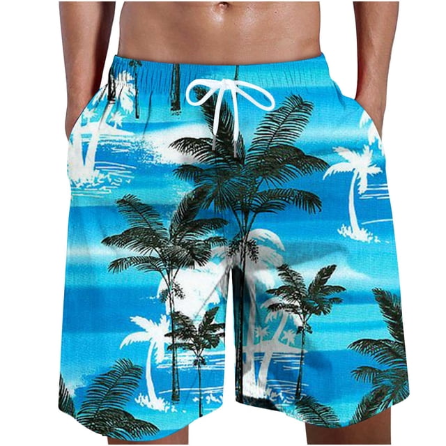 WAENQINLA Mens Swimsuit Trunks Summer Elastic Wiast Beach Shorts Quick Dry Drawstring Board Shorts Trendy Palm Tree Pattern Lightweight Swimwear Men's Shorts Under 10