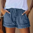 thumbnail image 2 of PUYAHG Women's Jeans Shorts Fashion Bottom Pocket High Waist Lace Hem Loose Fit Drawstring Short Pants,Z1 Dark Blue,XL, 2 of 6