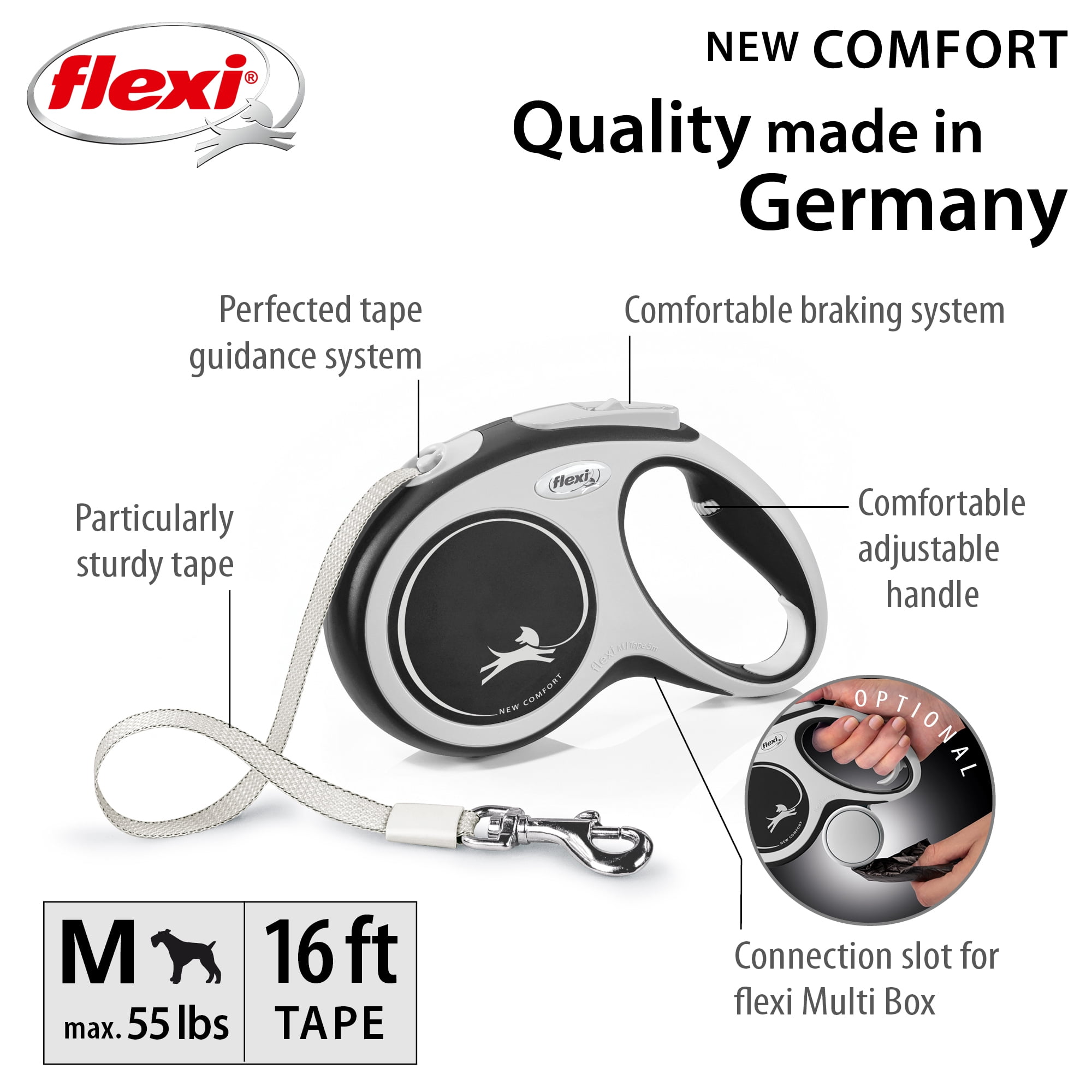Flexi New Comfort Medium Tape Retractable Dog Leash, 16 ft, Grey (For Dogs up to 55 lbs)
