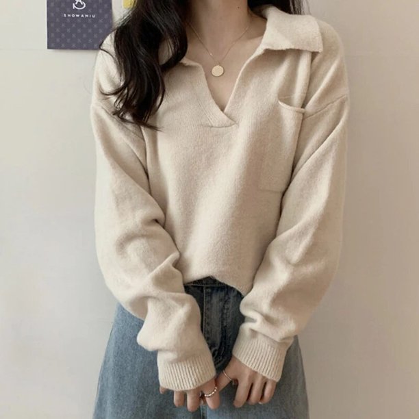 Suéter Lucyever de cuello en V para mujer con bolsillo, estilo coreano, suéteres sueltos de punto para mujer, jersey de manga larga de otoño para mujer