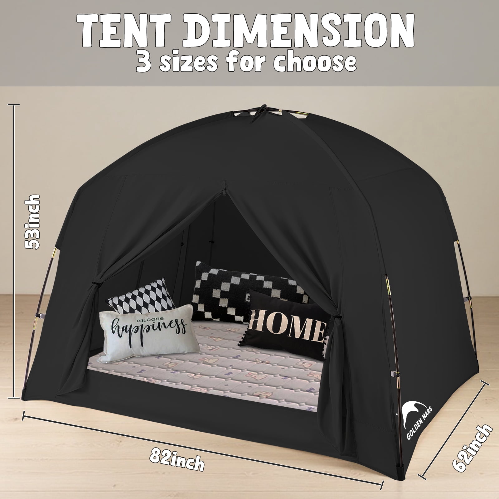 Bed Tents for Kids and Adult Portable 100% Breathable and 93% Blackout Toddler Dream Play Tent 3 Doors Big Privacy Sleep Canopy (Black, Queen-Size)