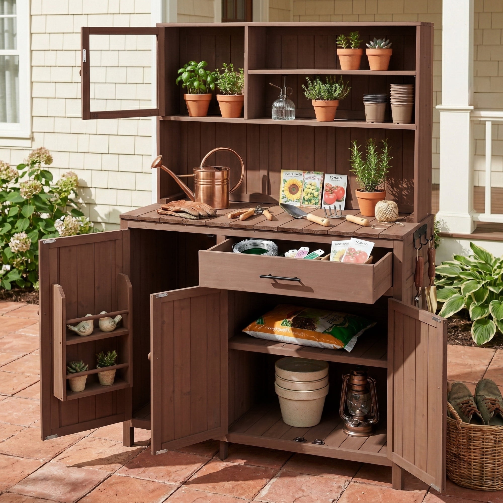 Mintazer 65" Outdoor Potting Bench with Drawer & Cabinets, Garden Workstation with Hutch & Spice Rack, Patio Kitchen Island with Adjustable Shelves & Side Hook, Brown