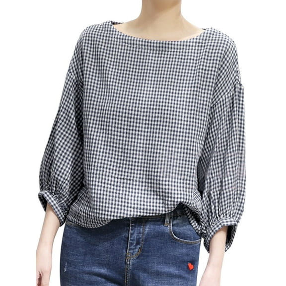ZANZEA Women 3/4 Sleeved Plaid Printed Blouse O Neck Casual Loose Shirt Tunic Tops