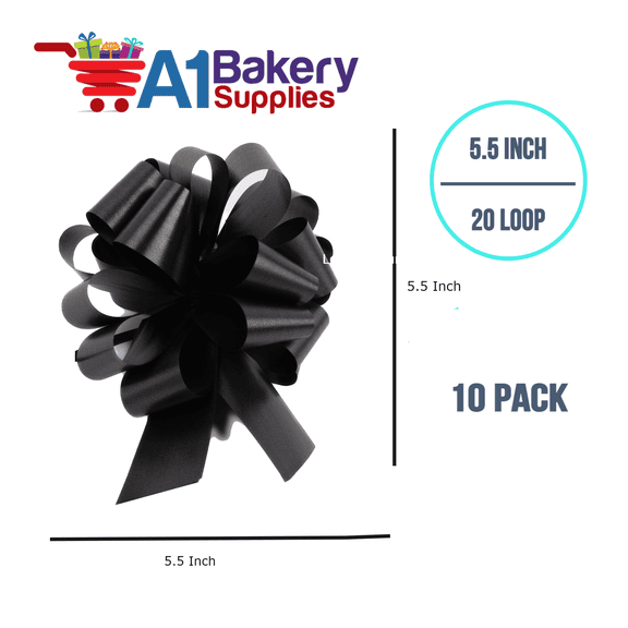 Black Flora Satin Pull Bows – 5.5 Inch 20 Loops, 10-Pack | Easy to Assemble, Premium Gift Wrap & Decoration for Holidays, Weddings, Baby Showers | A1 Bakery Supplies