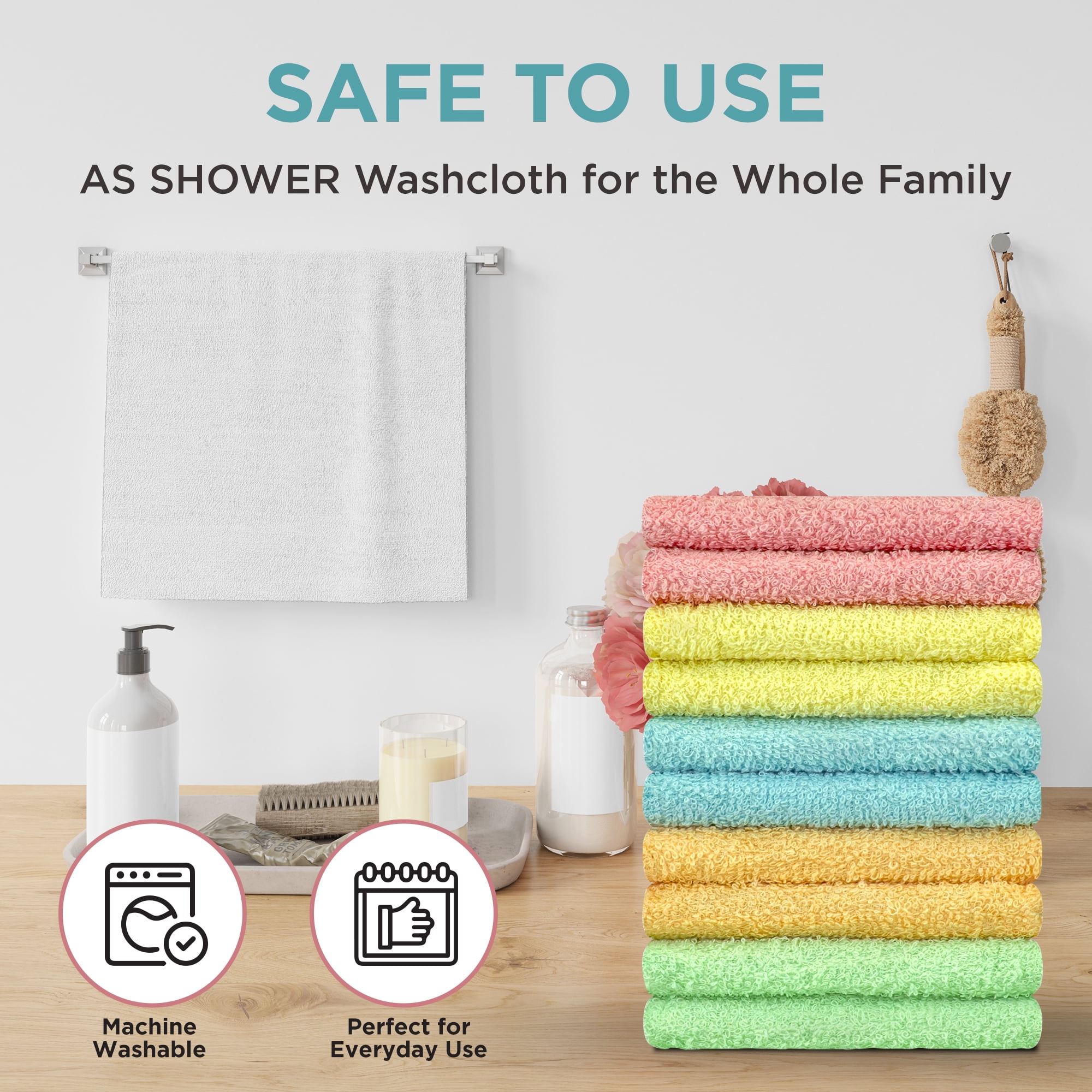 Washcloths, 12 Pack, 100% Extra Soft Ring Spun Cotton Wash Cloth, Size 13 inch x 13 inch, Soft and Absorbent, Machine Washable, Vibrant Assorted