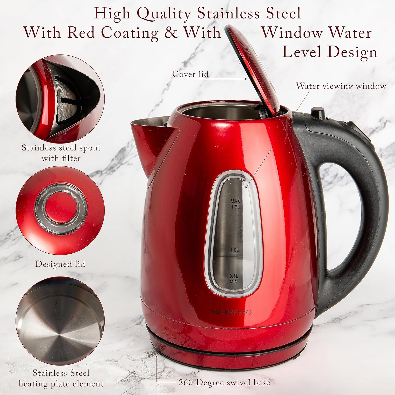 Mixpresso Stainless Steel Electric Kettle, Red, 1.7L photo 7