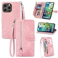 thumbnail image 1 of SaniMore Case for iPhone 13 Pro 6.1" 2021, PU Leather Zipper Wallet Detachable Lanyard Retro Embossed Flower Crad Slots Flip Kickstand Full Body Protective Drop-proof Case for iPhone 13 Pro, Pink, 1 of 13