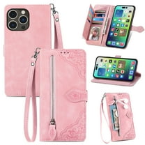 Dteck Case for iPhone 12/12 Pro,Magnetic Leather 7 Card Slots Zipper Wallet Case Shockproof Rubber Kickstand Cover with Wrist Strap, Pink